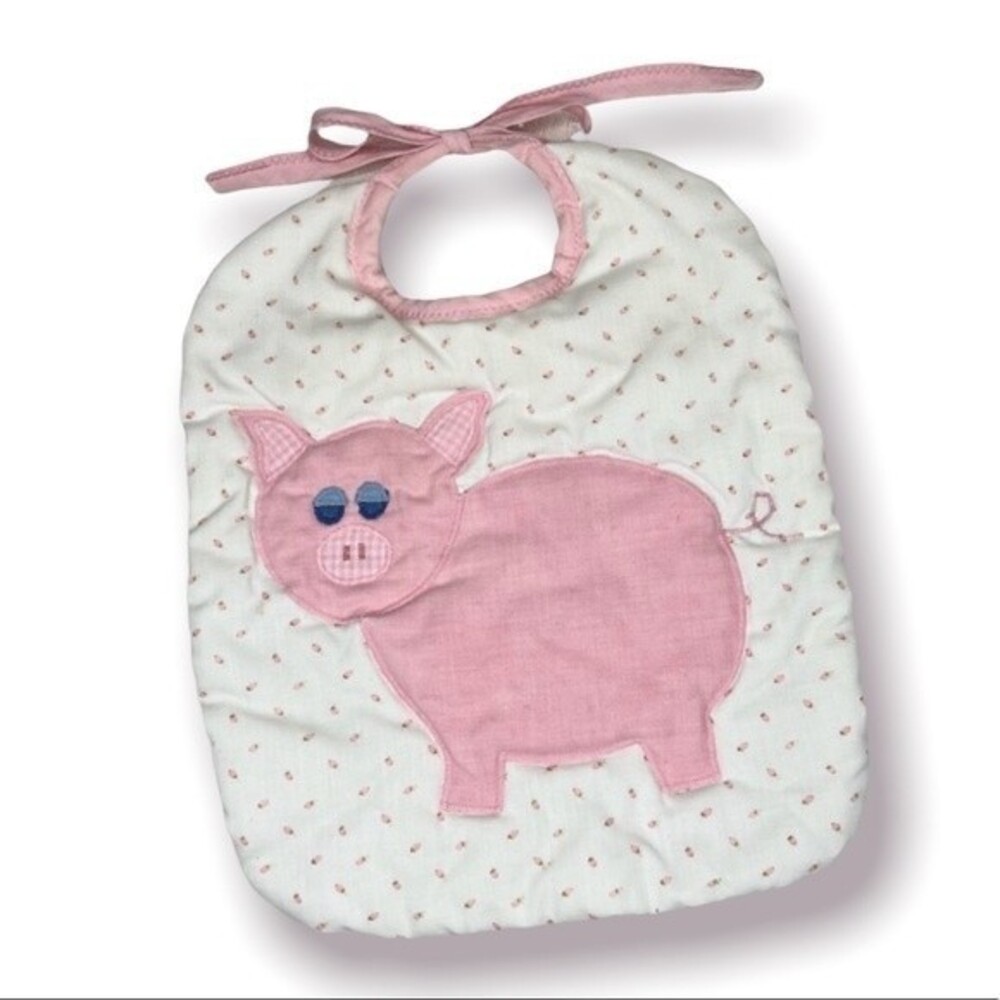 Vintage Handmade Bib Embroidered Pink Pig Large Oversized Baby's Drool Bib